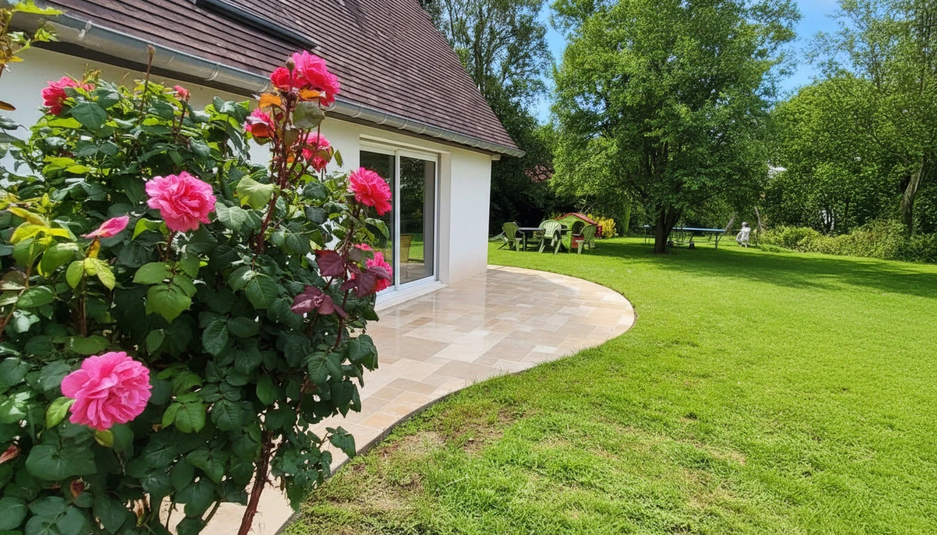 Aménagement paysager extérieur avec murets en pierre naturelle calcaire beige, construction de terrasses étagées et jardinières intégrées